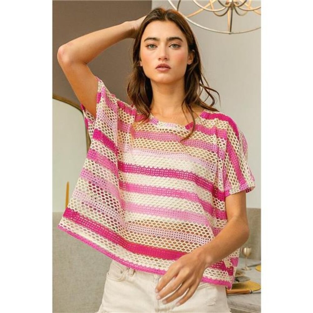 ✨NWT BiBi Striped Openwork‎ Short Sleeve Knit Cover Up